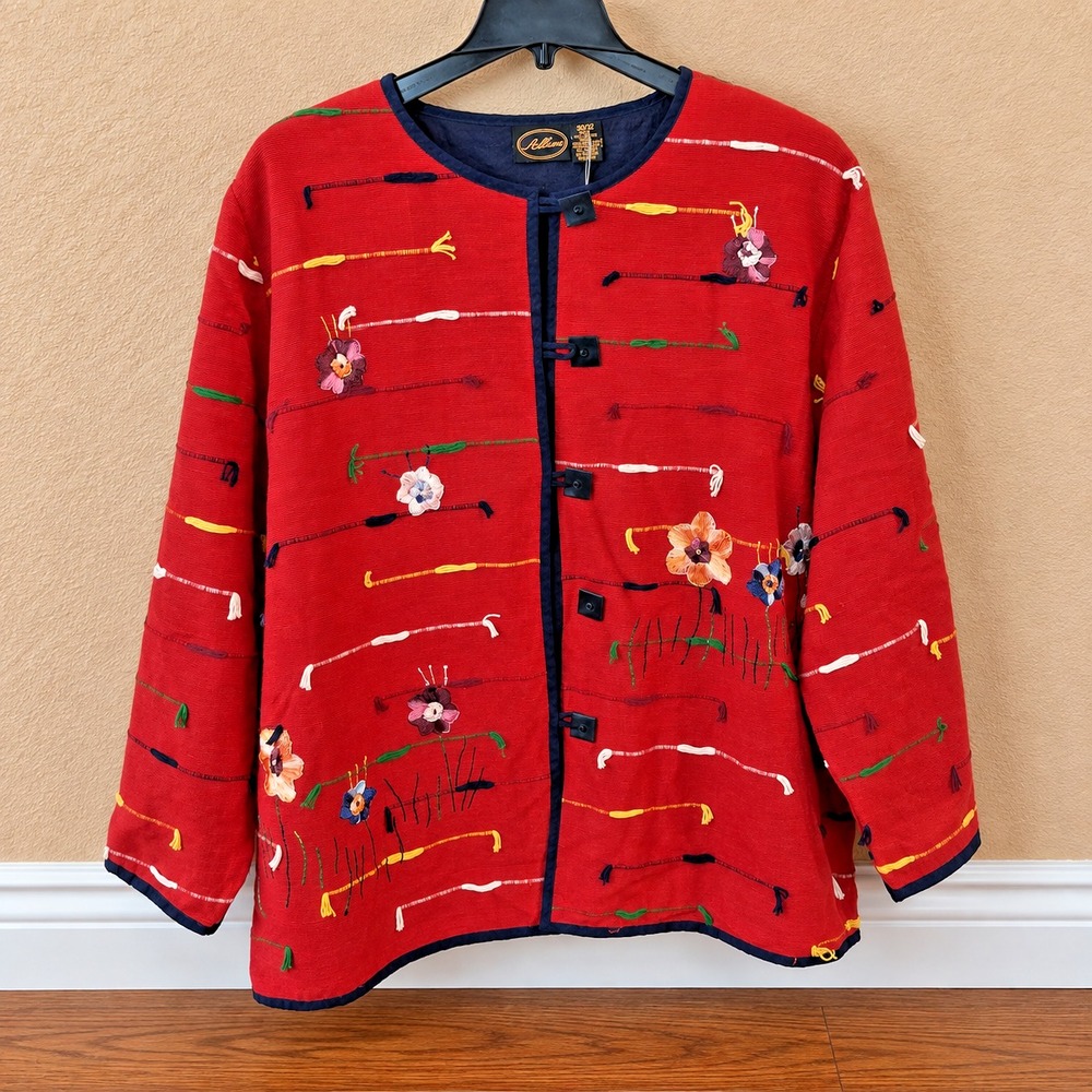 Vintage Allure Jacket Floral Embroidered ArtWear Artsy Boho Red 30/32 Handmade